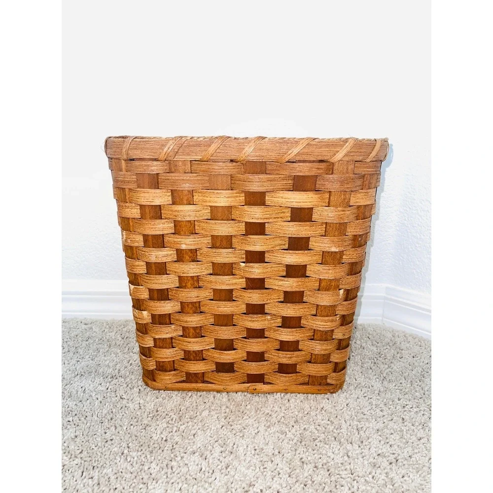 VTG Amish Hand Woven Basket Signed Orville J Gingerich Wastebasket Trash Bin